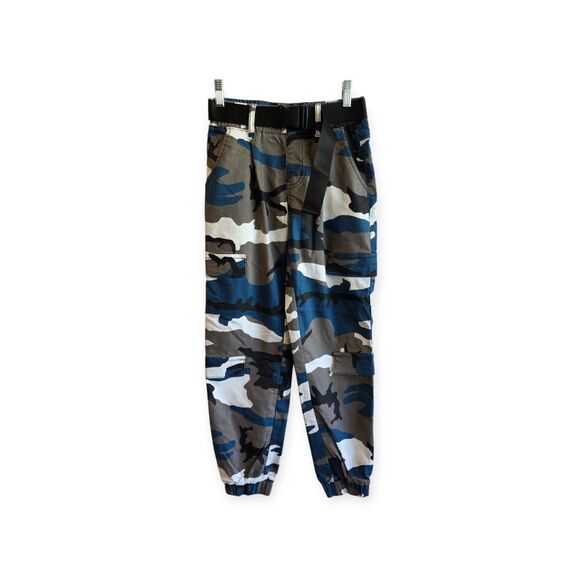 V.I.P. Jeans Cargo Pants Women Size 1/25 Blue Camo Belted - Picture 1 of 5